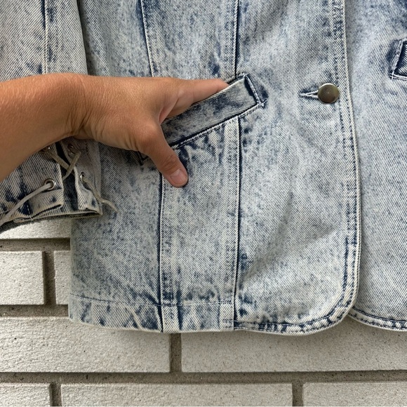 Vintage Acid Wash Denim Leather Fringe Jacket Western Cowboy Rodeo Blazer M - Picture 3 of 10